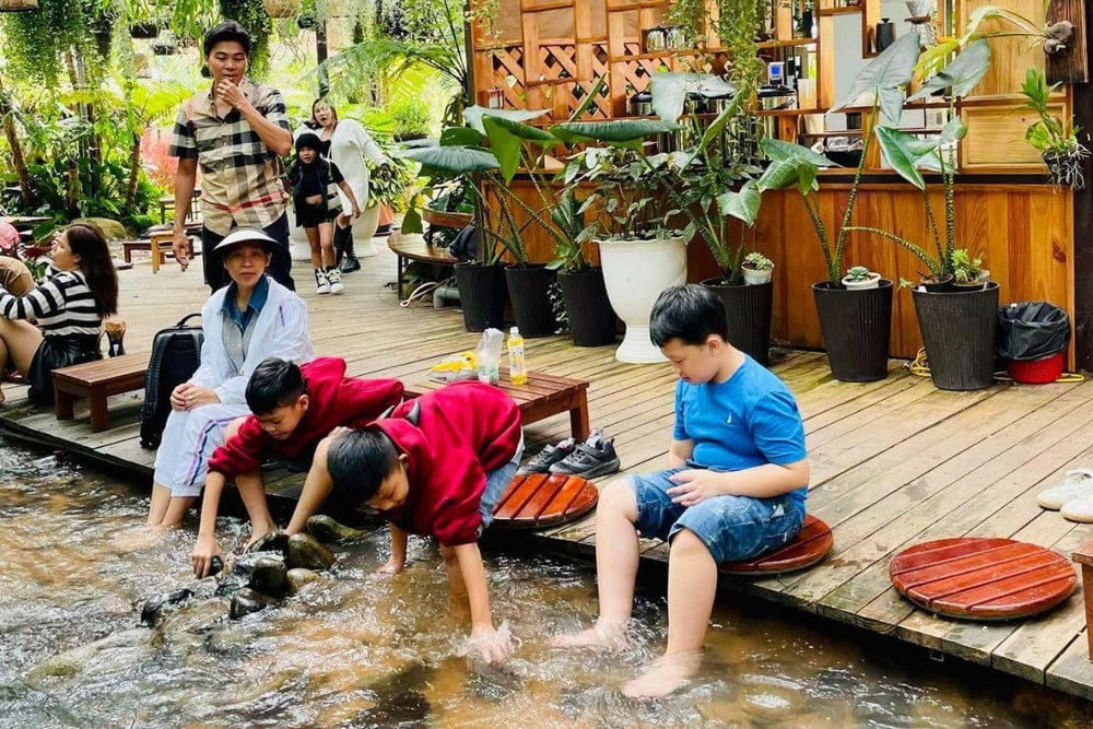Du khách có thể ngâm chân dưới dòng suối mát lạnh ngay cạnh quán cà phê trong khuôn viên Cao Nguyên Hoa Đà Lạt
